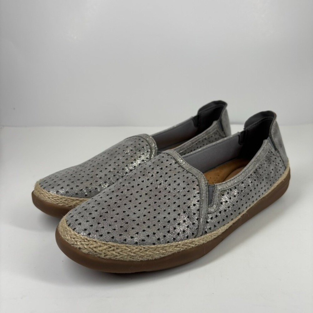 Clarks Elaina Ruby Women's 11M Pewter Leather Perforated Slip-On Espadrille Shoe